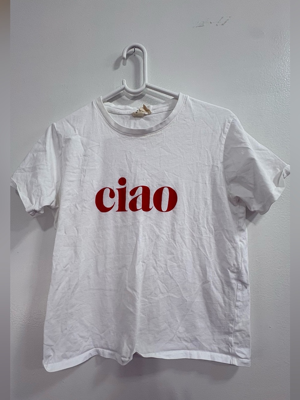 Sezane White Short Sleeve Tee with Red 'ciao' Graphic